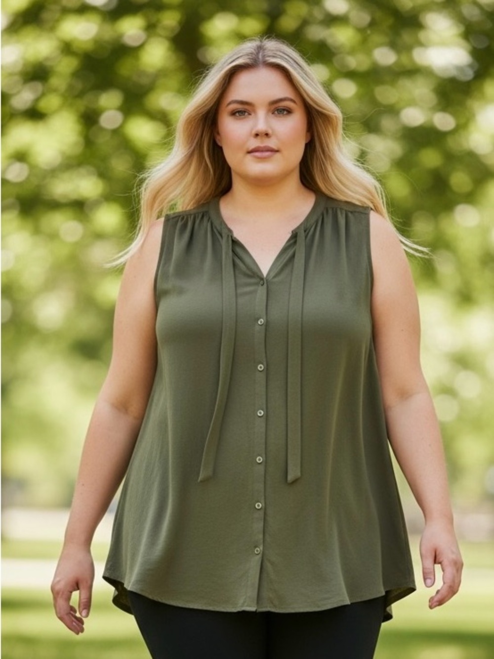 Torrid Olive Green Sleeveless Blouse Size 1 (1X) Flowy Button Front Tie Neck Top